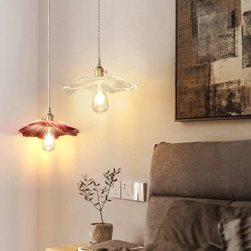 

Vintage Flower Glass copper Hanging Lamps Home Decoration Lighting Living Room Bedroom Bedside Light Fixture Indoor Shop