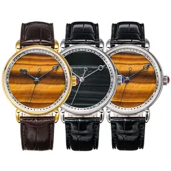 HUASUO 41mm Yelllow Or Blue Tiger's Eye Stone Dail Watches For Men Automatic Mechanical Movement Seagull 2892 Luxury Wristwatch