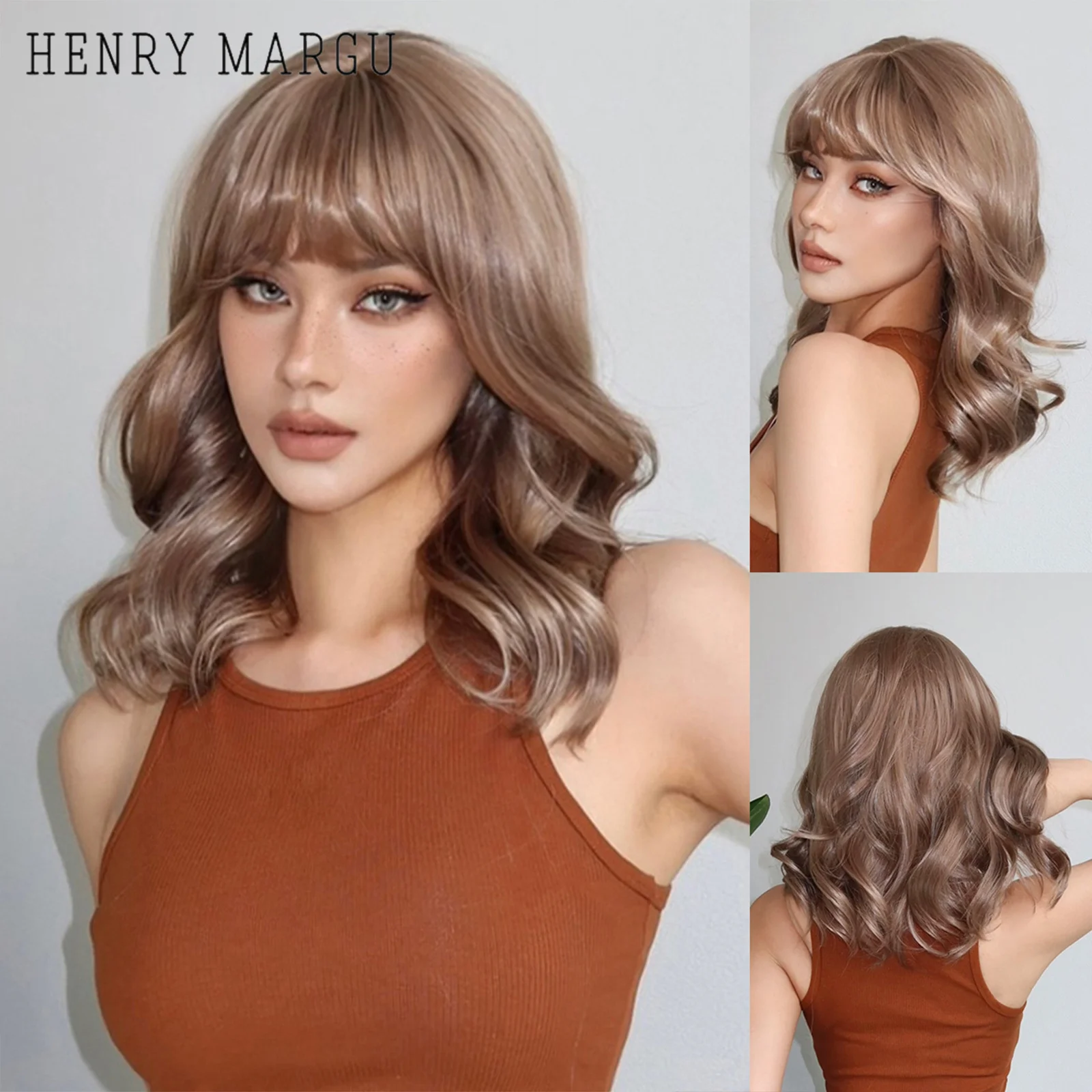 

Synthetic Wigs Ash Brown Natural Wave Wigs Short Wavy Bobo with Bangs Wigs for Women Heat Resistant Fiber Daily Lolita Wigs