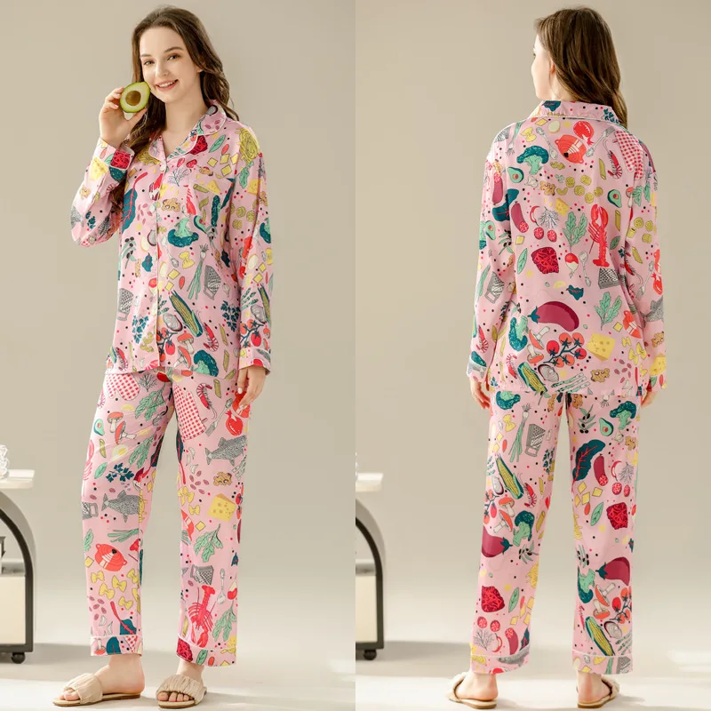 Women\'s Pajamas Sets Spring Autumn 2 Piece Print Pyjama Faux Silk Satin Sleepwear Long Sleeve Pijama Mujer Pjs Homewear