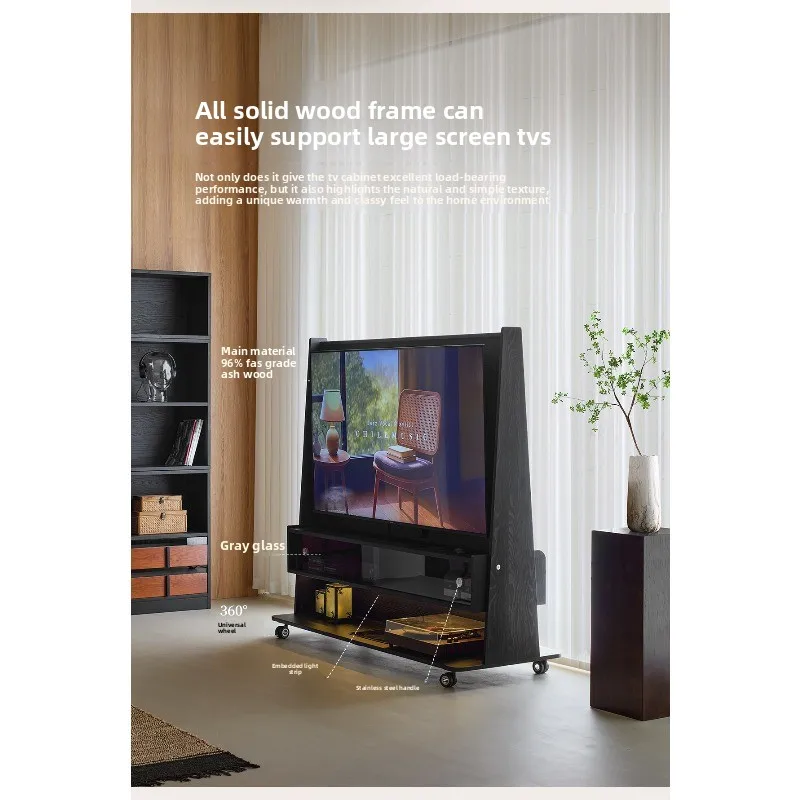Light Sandalwood Ark Solid Wood Mobile TV Stand 85-inch  TV Cabinet Living Room Floor TV Cabinet