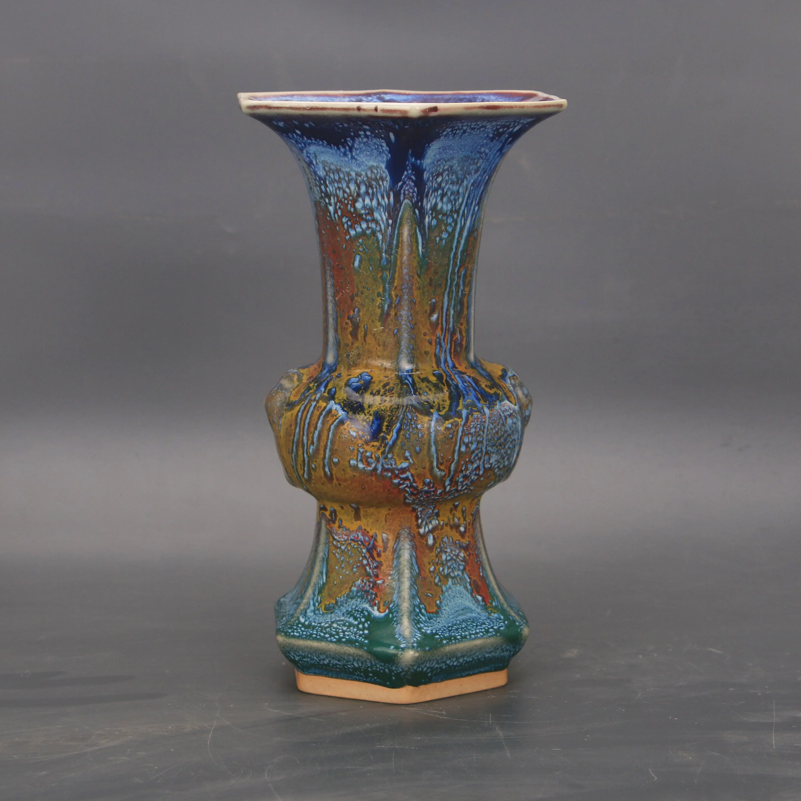 Jun Ware Style Colorful Kiln Changed Twin Tiger Flower Vase Chinese Antique Home Decor Display Gift
