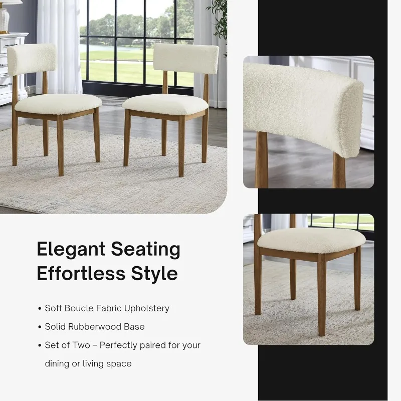 كراسي تناول الطعام المنجدة من Furniture Ellis Boucle، مجموعة من 2، أبيض/بلوط طبيعي