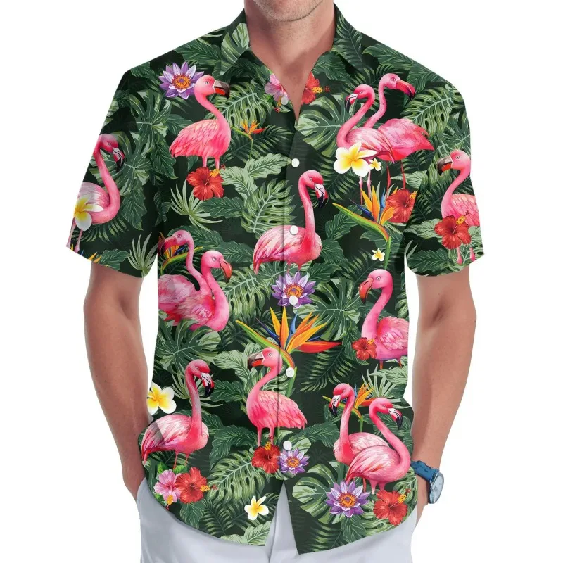 

Casual Shirts Stand-up Collar Shirt Tops for Men Tropical Bay Shirt Flamingo 3D Prited Mens Shirt Short Sleeve Hawaii Beach