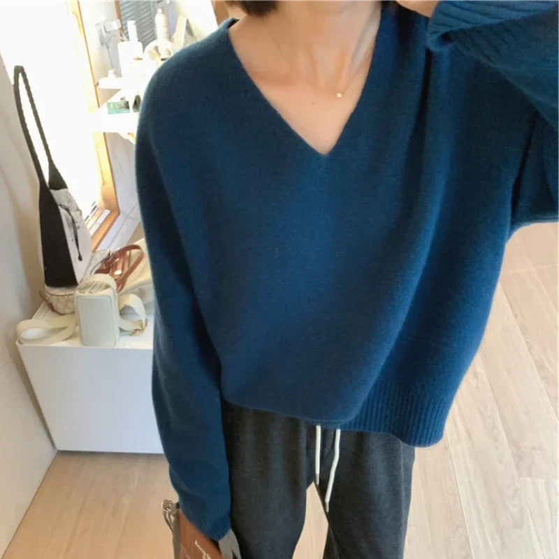 Purple V-neck Women\'s Sweater Pullovers Korean Fashion Economics New in 2024 Knit Tops for Woman Cold Winter Promotion Tall Sale