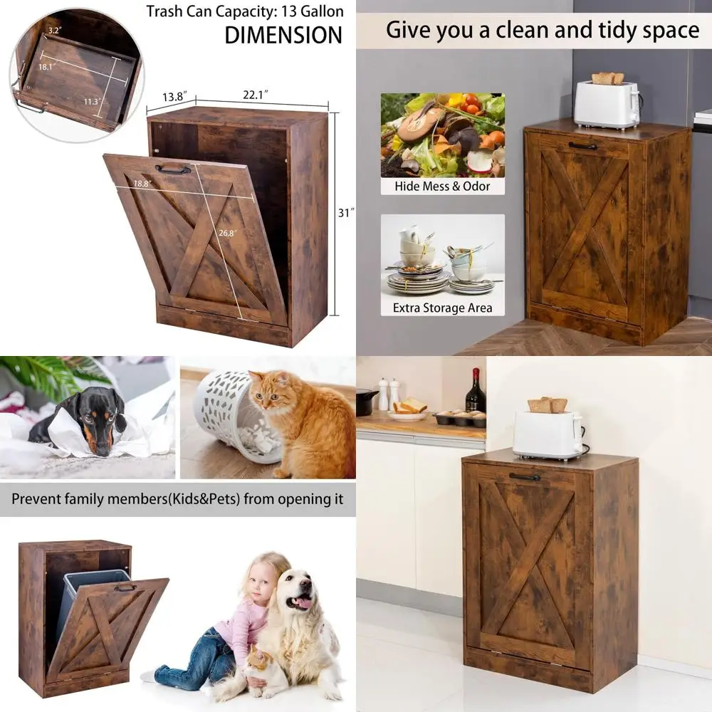 

Brown Wooden Freestanding Kitchen Trash and Recycling Cabinet with Tilt-Out 13-Gallon Bin