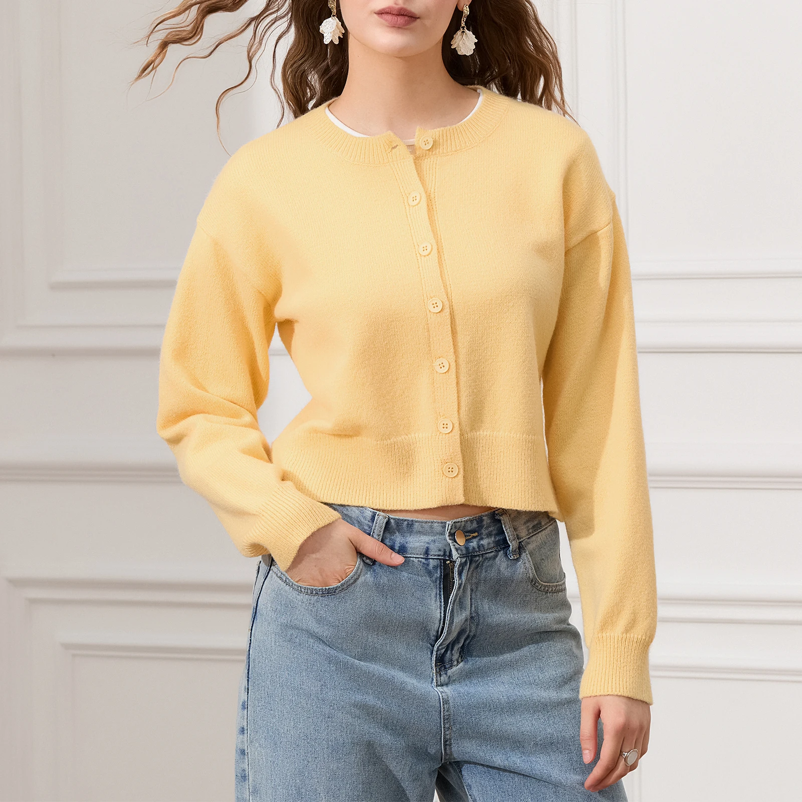 Knitwear Cardigan for Women Solid Color Crew Neck Button Down Long Sleeve Crop Tops for Fall Winter Streetwear