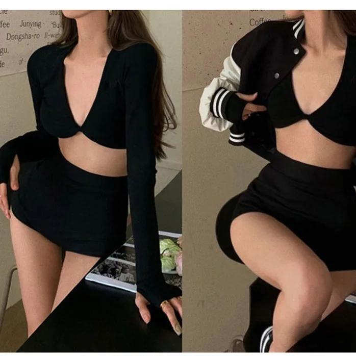 Special Offer Long sleeve Deep V Bikinis Small Bust Swimsuit Korean Sle Simple Special Cloth Two-Piece Set With Chest Pad S...