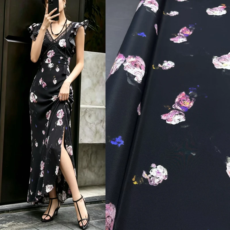 Stretchy Black Silk Crepe De Chine Mulberry Vintage Rose Print for Spring Summer Qipao Hanfu Dress DIY Sewing Accessories