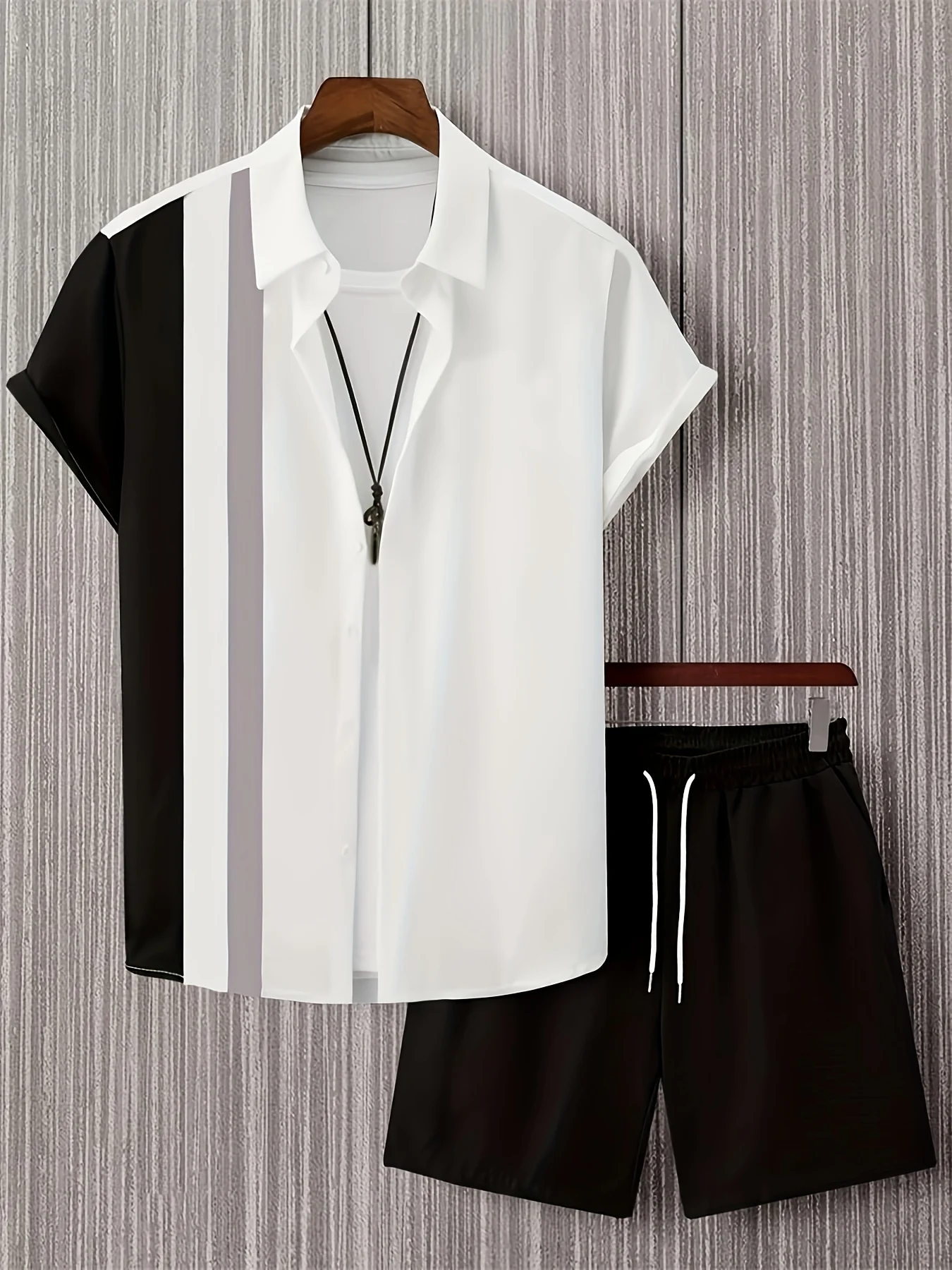Splicing Striped Lapel Shirt Solid Color Black Shorts Two-piece Set for Men's Daily Travel Casual Sports Suit