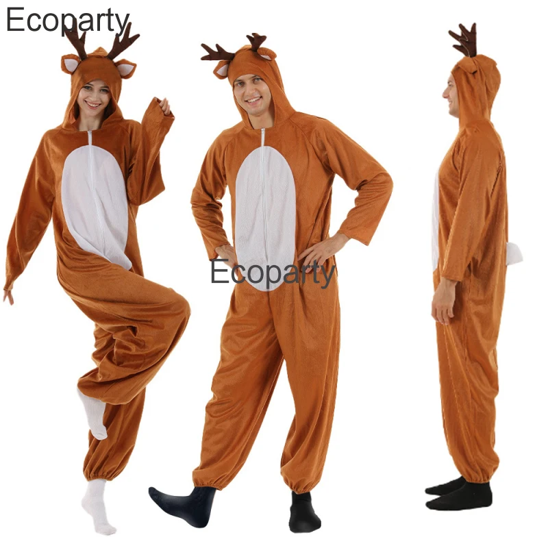 Nieuwe Kerst Rendier Cosplay Kostuum Voor Mannen Vrouwen Grappige Dieren Elanden Jumpsuit Koppels Nieuwjaar Carnaval Feest Xmas Fancy Dress