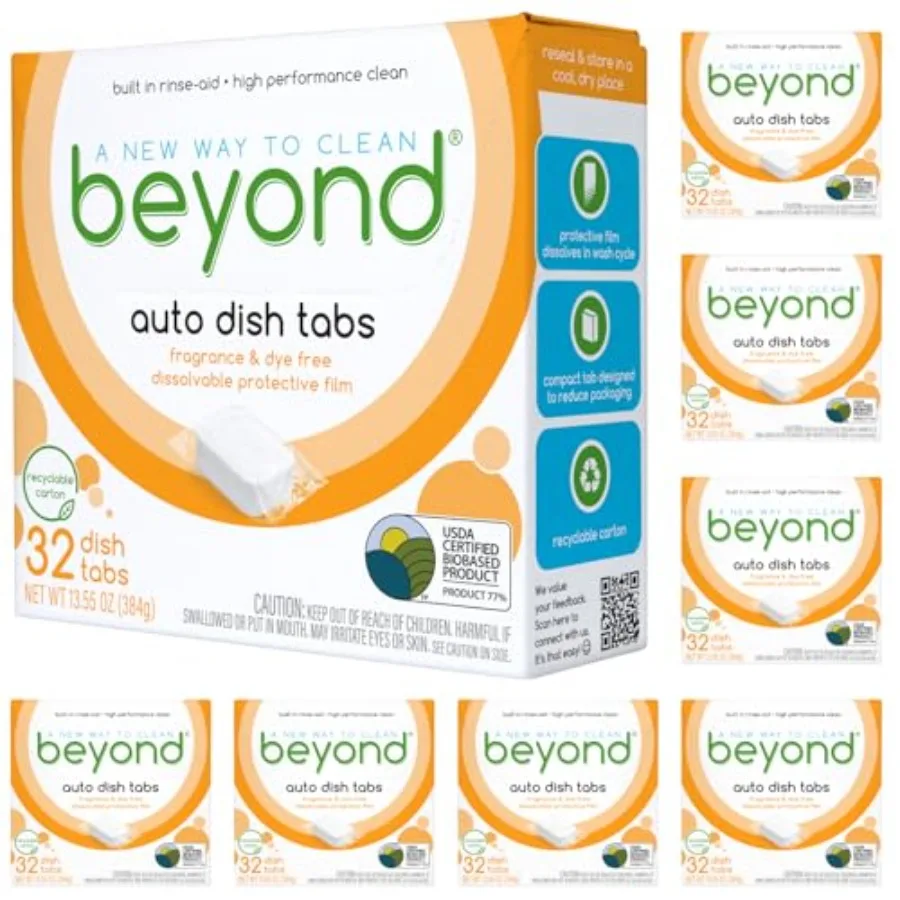 Beyond Natural Dishwasher Tablets [8 Boxs of 32] - Fragrance and Dye Free - Certified Biobased. Powerful. Plant-Based Ingredien