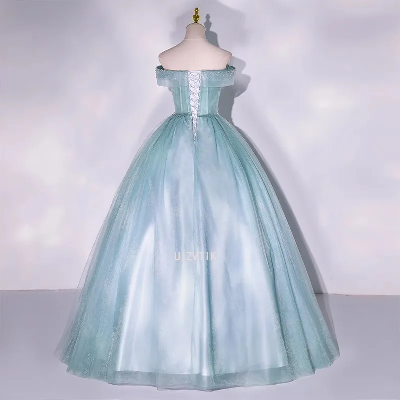 Luxury Ruffles Flowers Appliques Wedding Dresses Women Off the Shoulder Prom Dresses Bling Tulle Evening Prom Party Gown robes