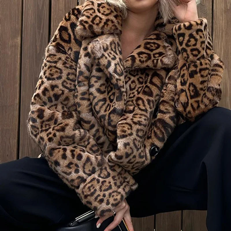 

Short Version Leopard Brown Coat For Women Winter Warm Wear Niche Design Thicken Loose Thermal Long Sleeve Clothing Streetwear