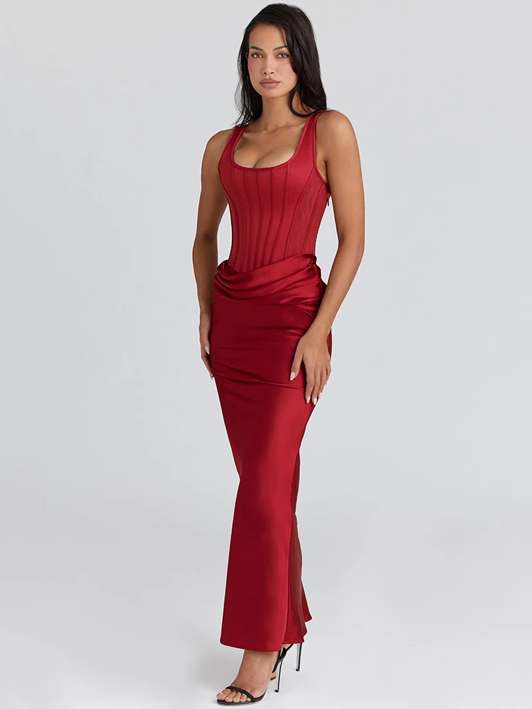 Articat elegante sin mangas de satén de alta elasticidad vestido largo de mujer Sexy sin espalda ajustado Fiesta Club vestido de noche boda de Navidad