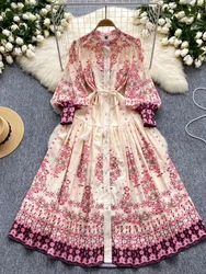 Women Beach Long Dress Spring Autumn Long Sleeve Single Breasted Printed Floral Dresses Ladies Vintage Party Long Robe Vestidos