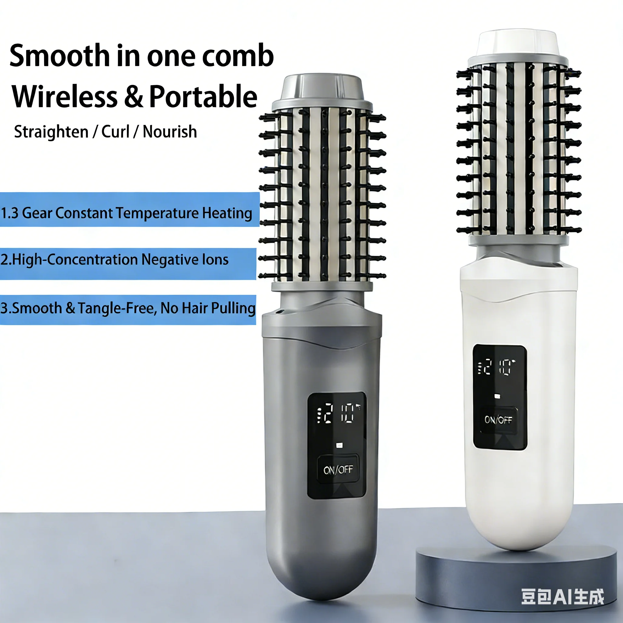 

Портативная беспроводная расческа-плойка 2-в-1 с отрицательными ионами для придания объема волосам на верхней части головы, электрическая термощетка-плойка
