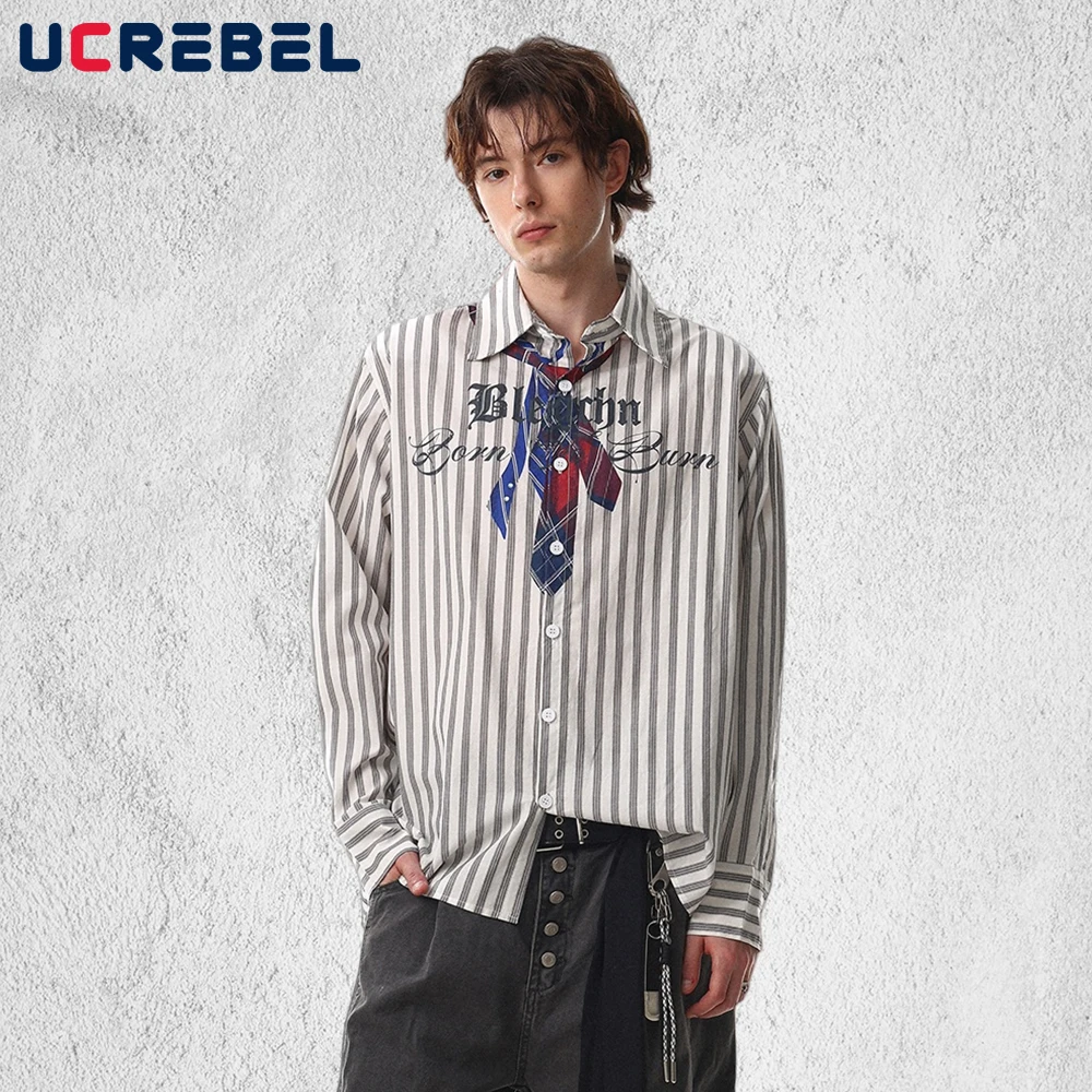 

Мужские рубашки с креативным принтом в полоску, с длинным рукавом, весенние, в стиле High Street, из хлопка, с отложным воротником, на одной пуговице, свободного кроя