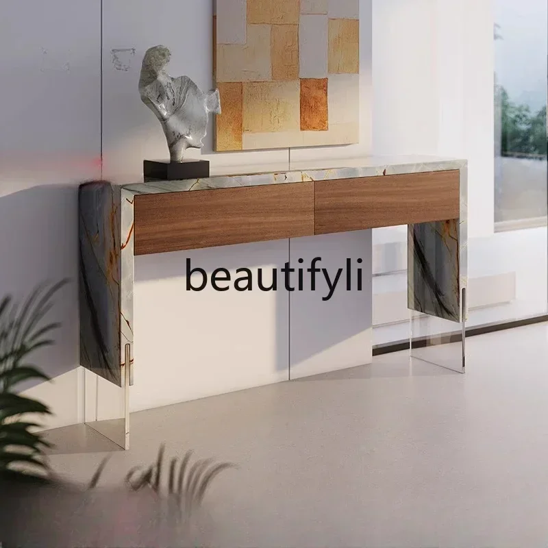 35Natural marble entrance table Italian minimalist entrance table decoration against the wall