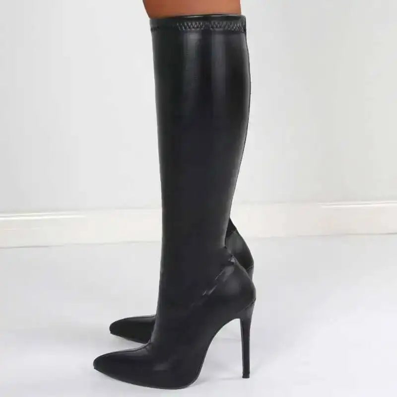 Women Boots Black Sexy High Heels Shoes Women\'s Knee High Boots Big Size Pointed Toe Side Zip Boots