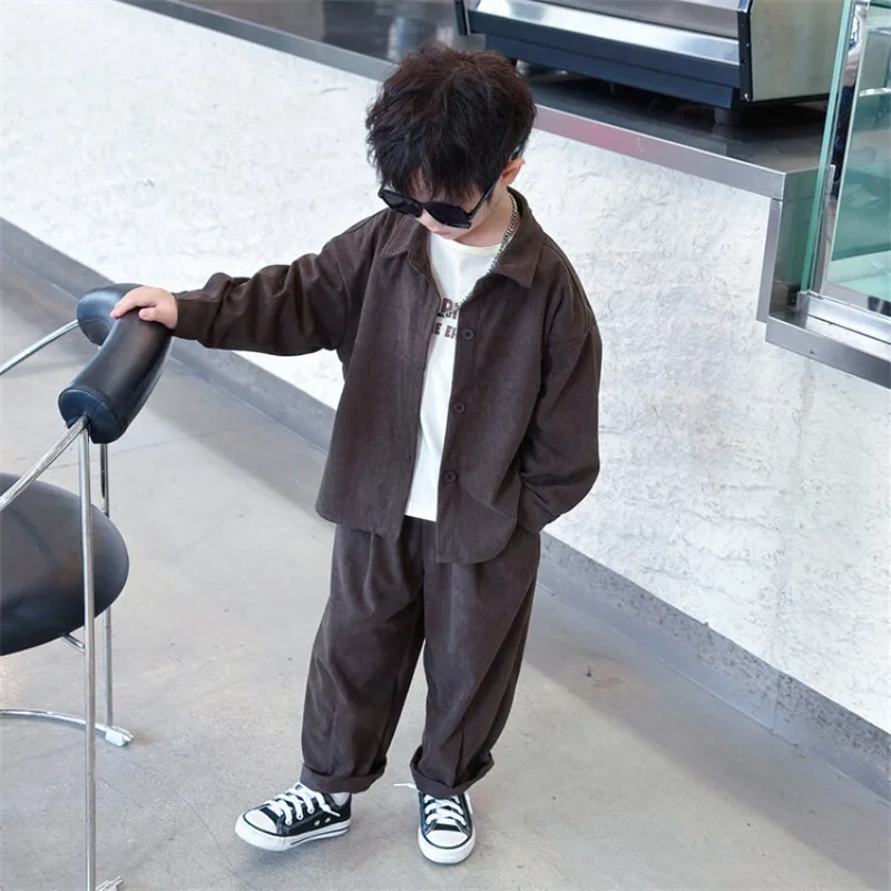 Boys Child Corduroy Sets 2026 Spring Turn-down Collar Shirt + Pants Kids 2Pcs Stylish 2-7Y Baby Boy Loose Casual Clothes Set