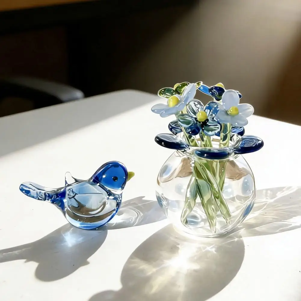 Mini Lifelike Glass Flowers Simulation Flowers Handcrafted Floral Sculpture Floral Bouquet With Vase Home Decoration
