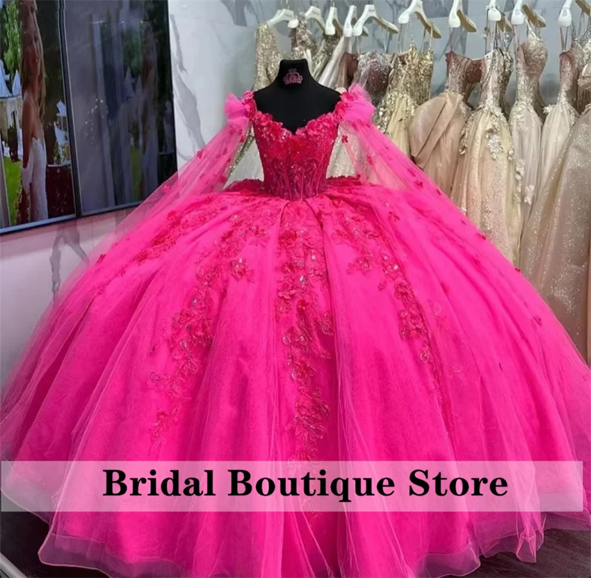 

Glitter Fuchsia Princess Quinceanera Dresses 2024 Beads Flowers Appliques Crystal Ball Gown Sweet 15th Dress Customized