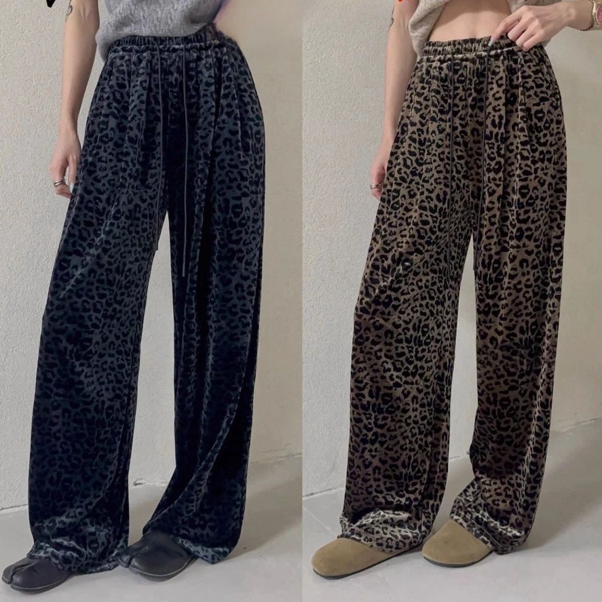 Women\'s Pants Leopard Pleuche Elastic Waist Retro Elegant Loose Straight Trouser Winter Vintage Casual Wide Leg Pant Y2K Youngth