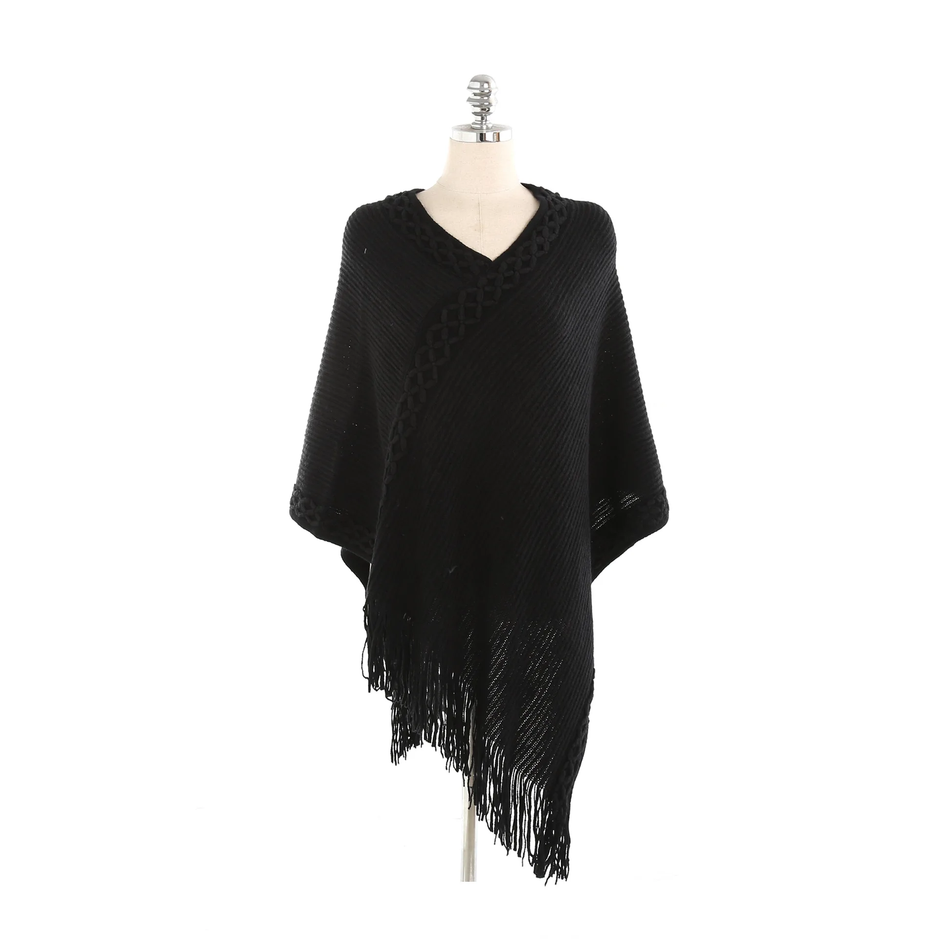 

2022 Spring Autumn Embroidered Neckline Solid Color Imitation Cashmere Warm Pullover Shawl Scarf Cloak Lady Poncho Capes Black