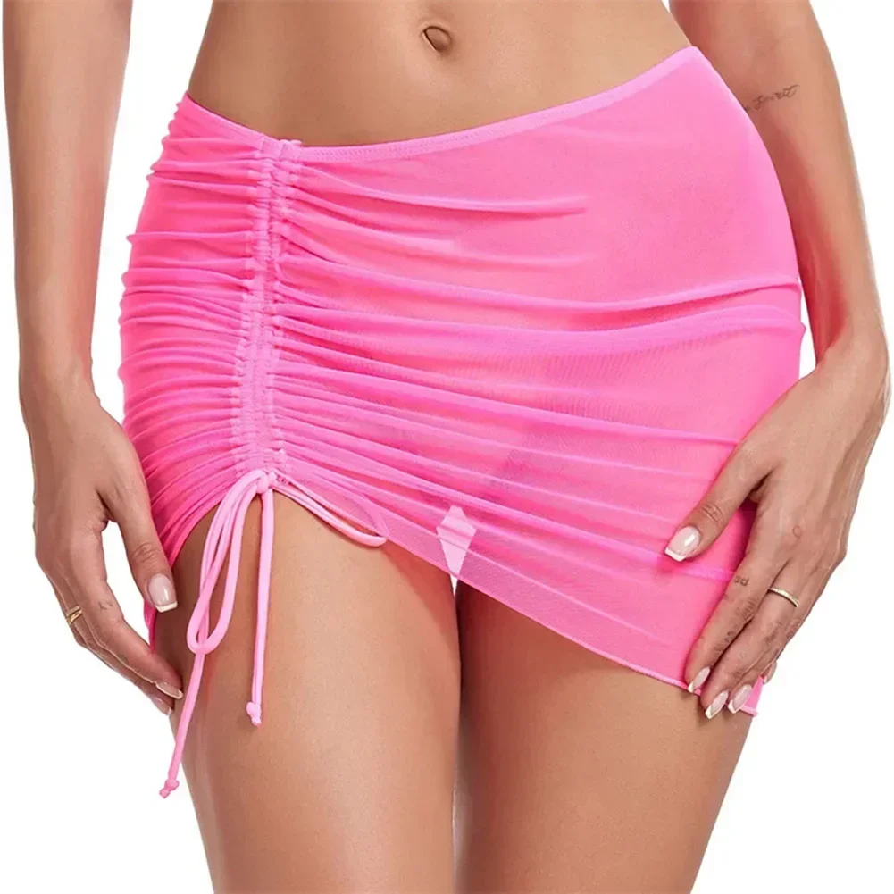 New Women\'s Sexy High-Quality Cover-Up Drawstring Mesh Sheer Swimsuit Bikini See Through Hip Wrap Adjustable Skirt For Women