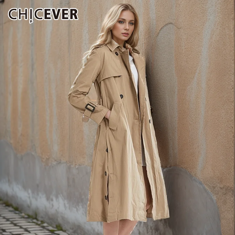 CHICEVER Minimalist Coats For Women Lapel Long Sleeve High Waist Double Breasted Spliced Botton Casual Long Coat Female Designer