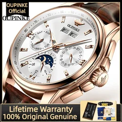 OUPINKE Top Men's Automatic Mechanical Wrist Watch Leather Strap Luxury Business Multi functional Lunar Phase Dial Reloj Hombre