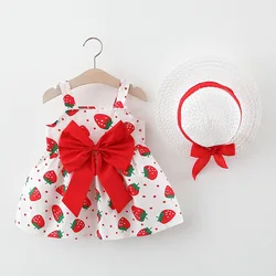 Summer New Girl Baby Dress with Hat Strawberry Print Polka Dot Drop Strap Sleeveless Leisure Vacation Style Princess Dress Birth
