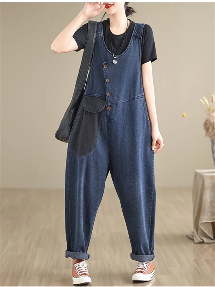 Woman Spring Literary Vintage Loose Denim Overalls Streetwear Straight Patchwork Pockets Washing Contrast Sleeveless Jumpsuit