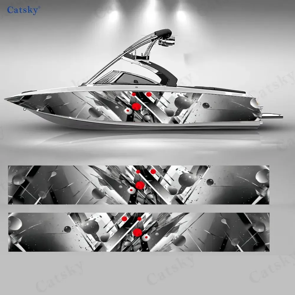 2Pcs Abstract Black, White & Red Boat Stickers, PVC Waterproof Vinyl Wrap Decals for Fishing Boats, Durable and Stylish Design