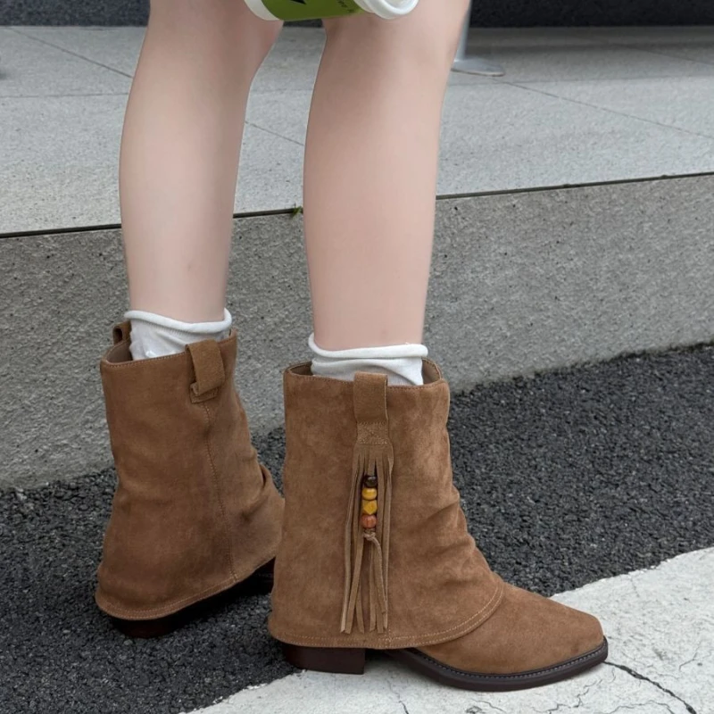 

Pleated Stack Vintage Women's Tassel Beaded Western Boots Women's Mid-Calf Boots Casual Sle Autumn New Fashion Cosy Cowboy Boots