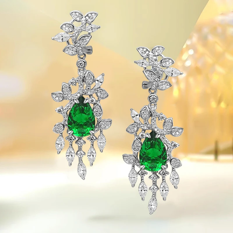 New Floral Earrings in Sterling Silver Inlaid with Artificial Emerald Light Luxury Earrings, Versatile and Niche Design