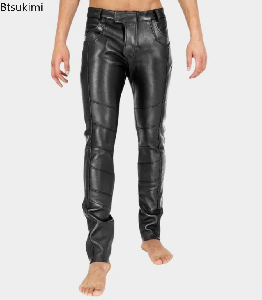 New Men's Motorcycle Rock Roll Slim Leather Legging Pants Punk Style Male Streetwear Vintage Gothic Steampunk PU Leather Pants