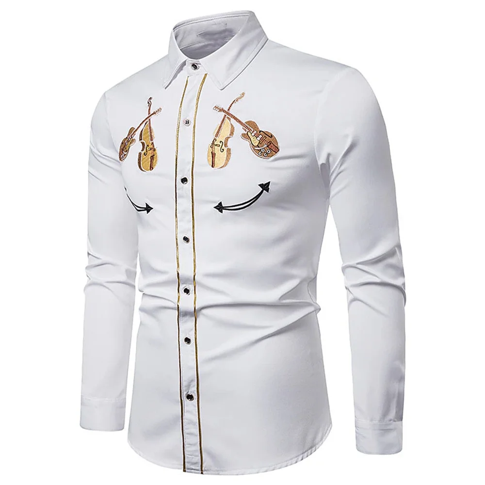 Camisa de estilo occidental para hombre, patrón de instrumentos musicales, estampado de botones de manga larga de calle, ropa de calle deportiva de