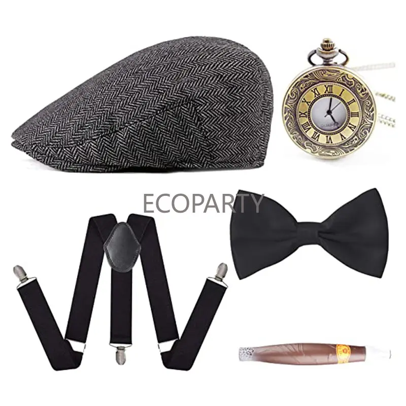 5ชิ้น1920S ชาย Gatsby Gangster ชุดอุปกรณ์30S แมนฮัตตันนักเลง Beret Y-Back Suspender ฮาโลวีนอุปกรณ์เสริม