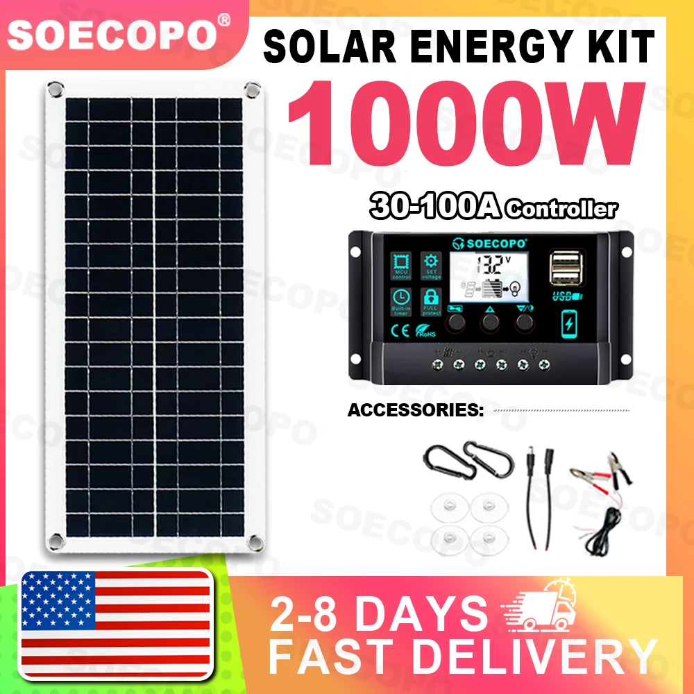 

(США, 2–8 дней) Солнечный комплект SOECOPO 1000 Вт, фотоэлектрическая панель 18 В + портативный контроллер 100 А для кемпинга, возобновляемая энергия