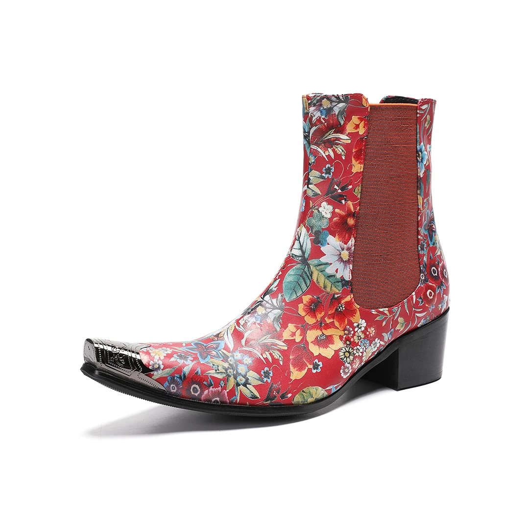 New Men's Printed Ankle Boots Genuine Leather Metal-Accent Pointed-Toe Boots for Parties Nightclubs and The Stage