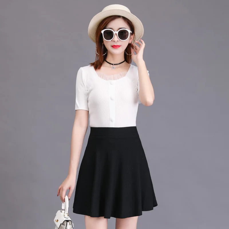 Spring and Summer Little Black Dress Elastic Waist A- line Umbrella Skirt Women's Pleated Puffy Knitted Backing Culottes