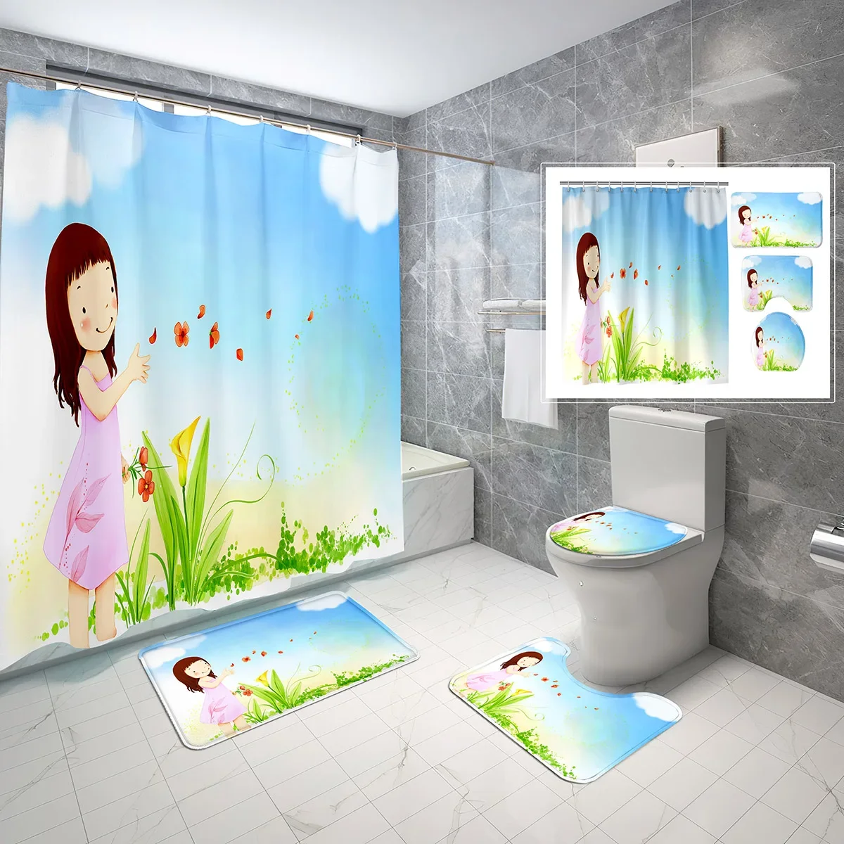 Cute Cartoon Girl Shower Curtain Sets 4 Pcs with Non-Slip Rugs Mat Toilet Lid Anime Illustration Waterproof Shower Curtain Set