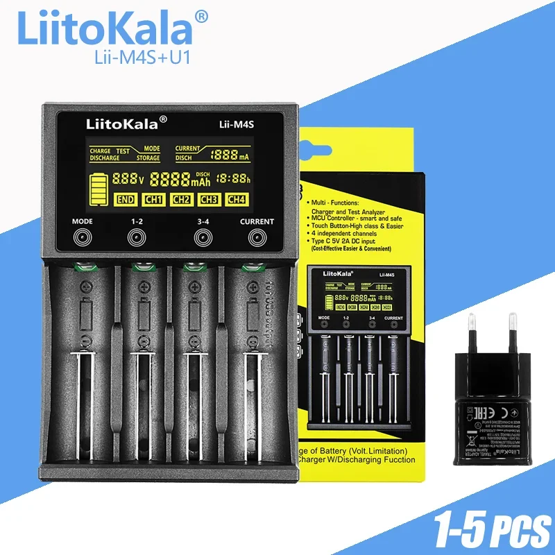 

1-5PCS LiitoKala Lii-M4S Lii-M4 18650 Smart Charger LCD Display For 26650 21700 32650 20700 21700 16340 AA AAA Battery