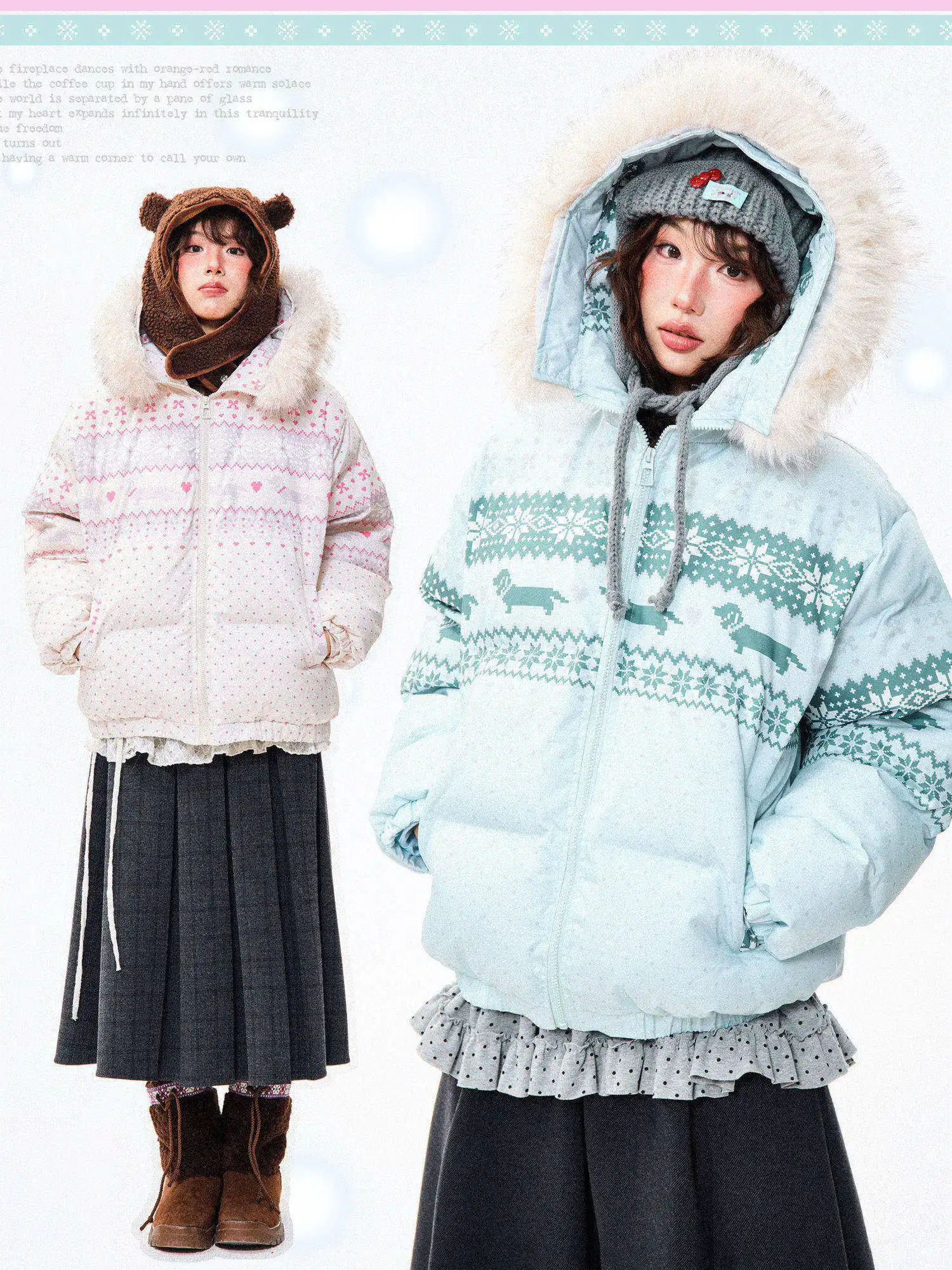 

Young Stage Vintage Fair Isle Removable Fur Collar Cotton Jaet Women's Winter Warm Versatile Thi Cotton Coat