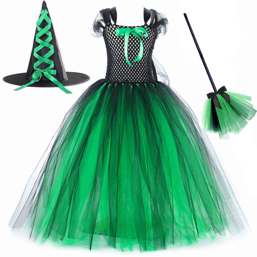 Wicked Witch Elphaba Long Costumes Girls Halloween Fancy Dress with Hat Broom Cloak Kids Carnival Party Outfit Floor Ball Gown