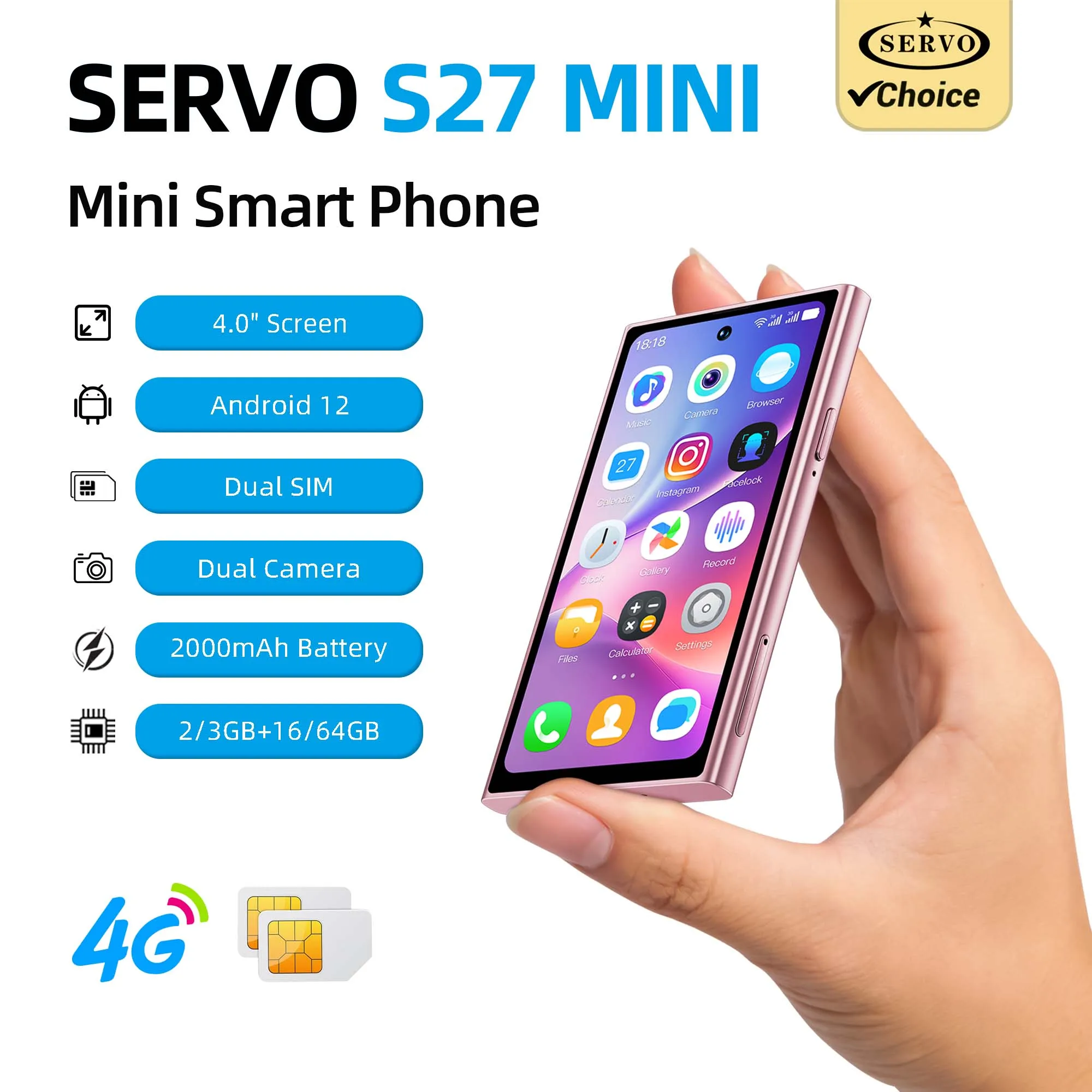 SERVO S27 Mini 4G LTE Smartphone 4.0" Display Android 3GB RAM 64GB ROM Dual SIM Face Unlock GPS WiFi HD Camera Pocket Cell Phone