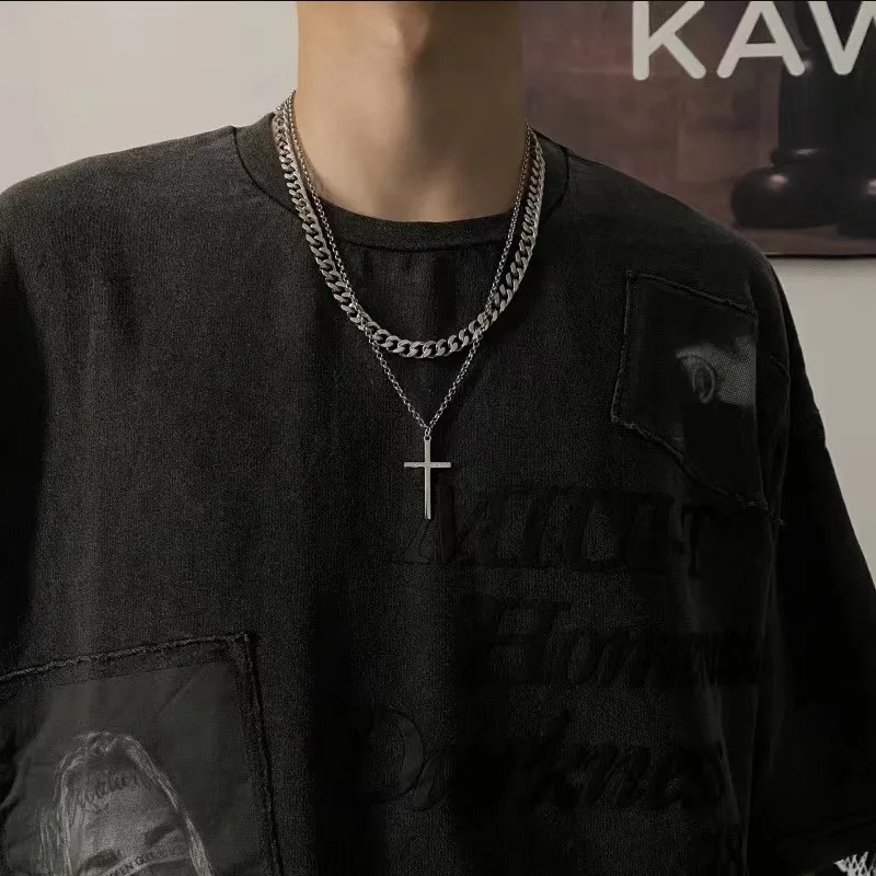 TrendMen Hiphop Rock Cross Crucifix Double Layer Necklaces For Men Boys Silver Color Jesus Metal Clavicle Chain Jewelry Chokers