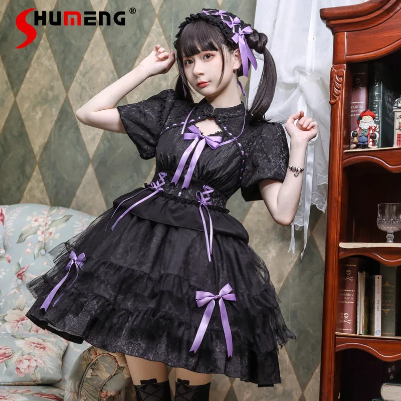 Black Purple Lolita Dress Female Original Gothic High Waist Slim Bow Lace Princess Party Dress Short Birthday Dress for Women